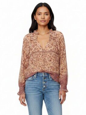 Zara Bohemian Cottagecore Floral Ruffle Top Blouse Front Buttons Brown Combo M